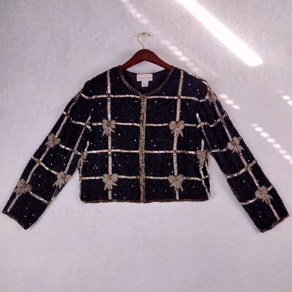 Laurence Kazar Vintage Beaded Silk Jacket XL Black Gold Silver Bows Sequin Party
